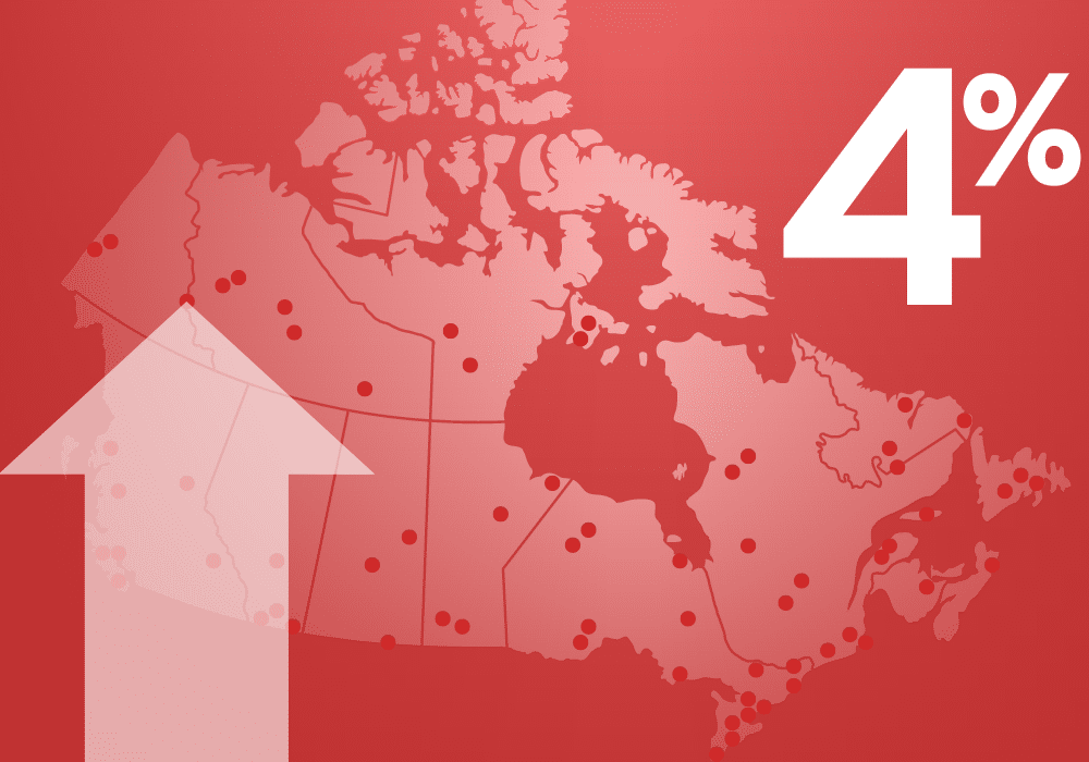 map of Canada with markers indicating crime hubs with an arrow up and "4%"
